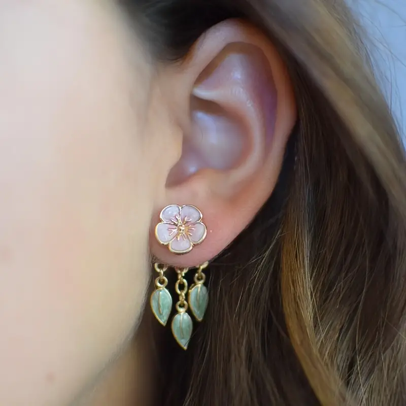 Wicked Silk Pink Flower Blossom w/leaves Cute Dangle Earrings