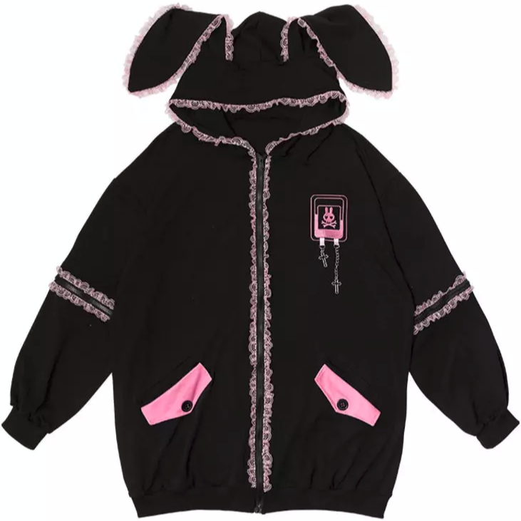 Japanese punk loli Harajuku style black & pink bunny hoodie