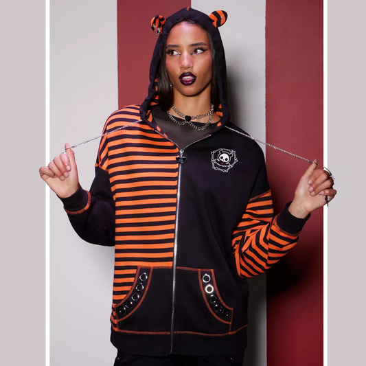 Skelanimals Diego Bat Black & Orange Stripe Girls WIINGED Oversized Hoodie XS, S, M, L, XL, XXL