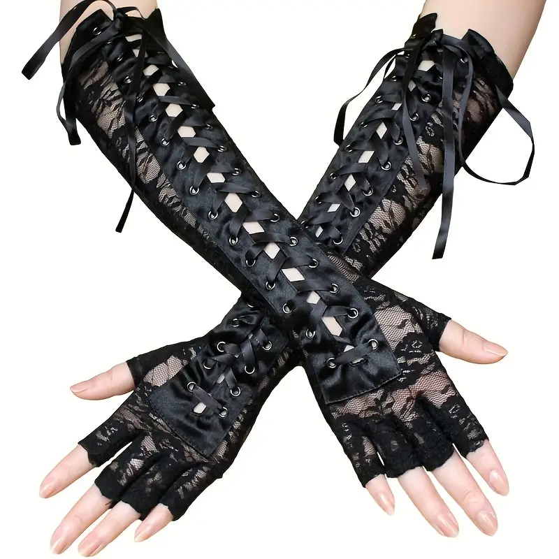 Victorian Emo Goth Lace-up Fingerless Gloves [One Size]