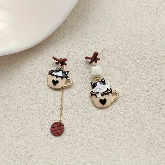 Wicked Silk Cute Coffee Kitty Cat Teacup Earrings