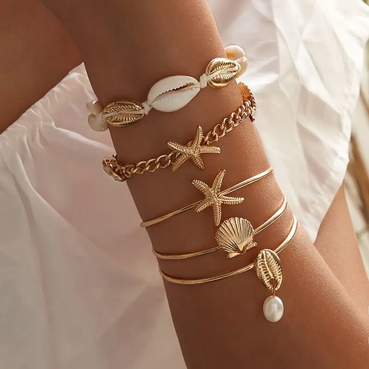 5x Boho Beach Starfish, Shell, Cowrie, & Pearl Charm Bangles Bracelet Set