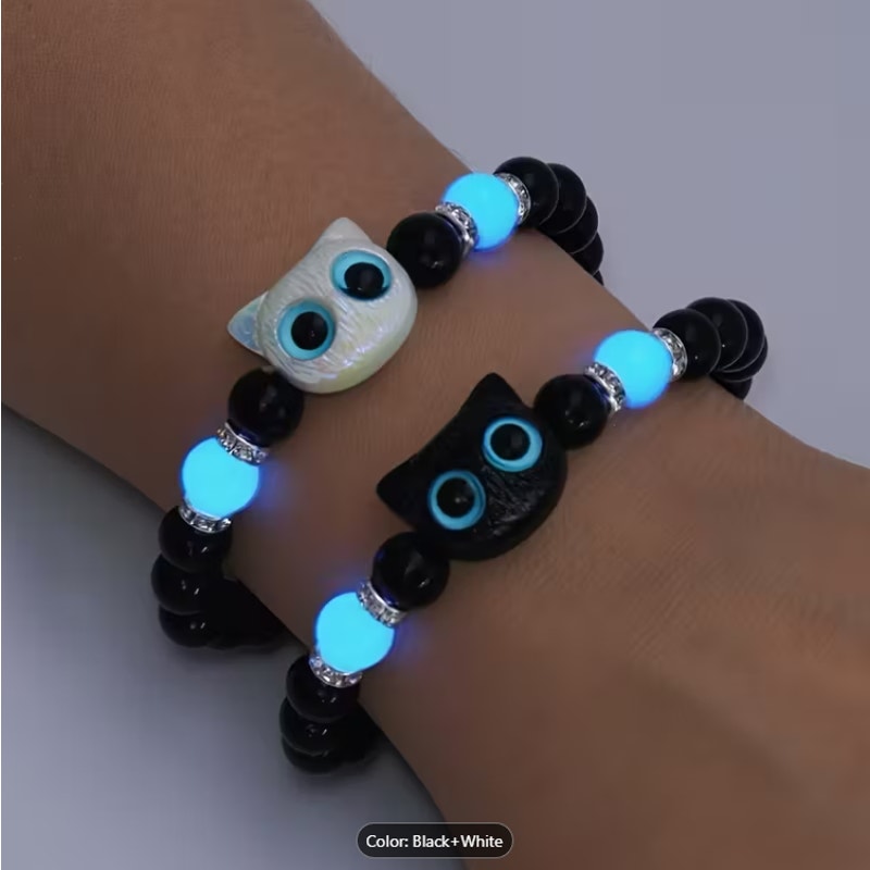 Glow-in-the-Dark Cat Couple Bracelets – Black & White Matching Beaded Set