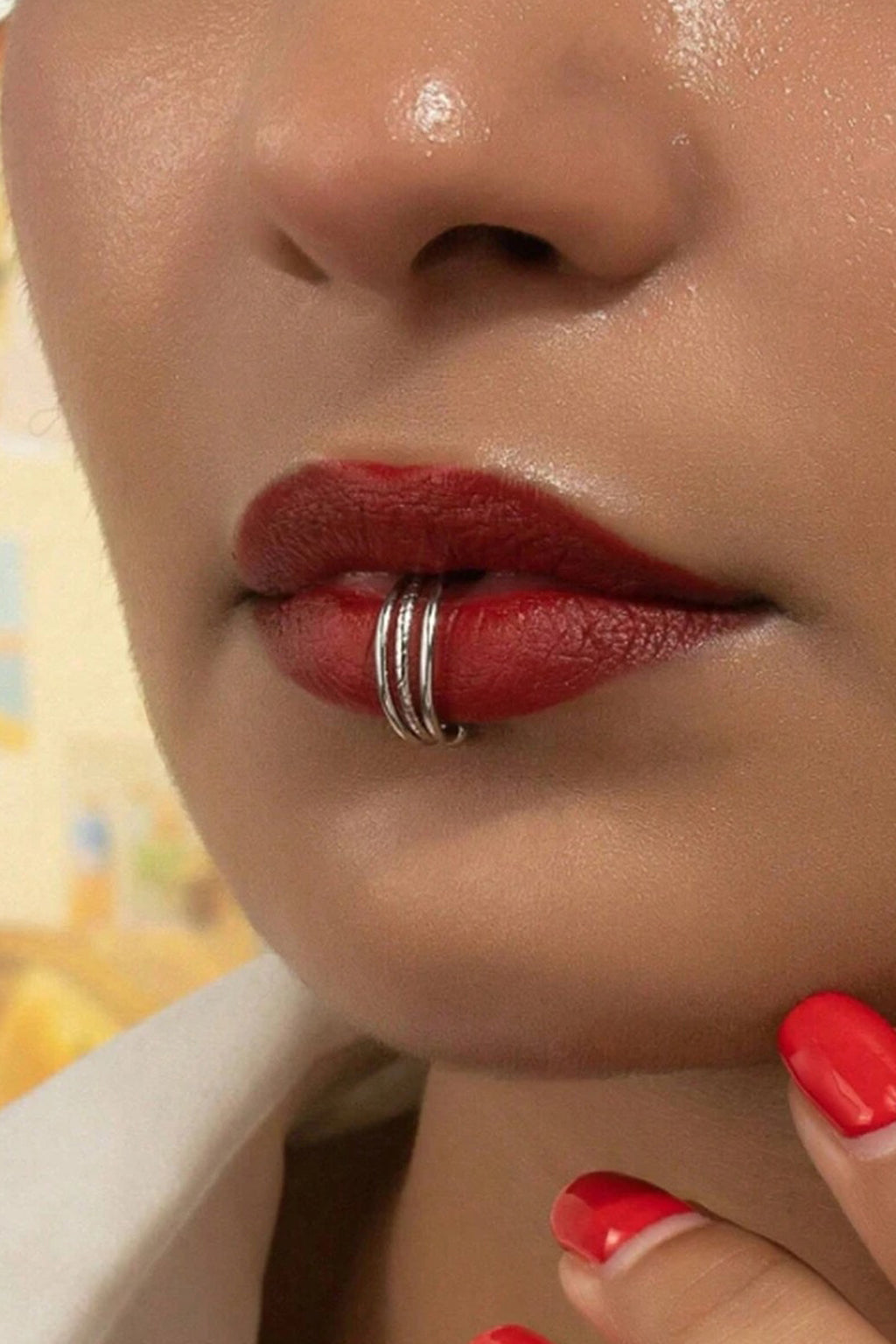 Silver Triple Band Fake Lip Ring – Adjustable Clip-On Piercing Jewelry
