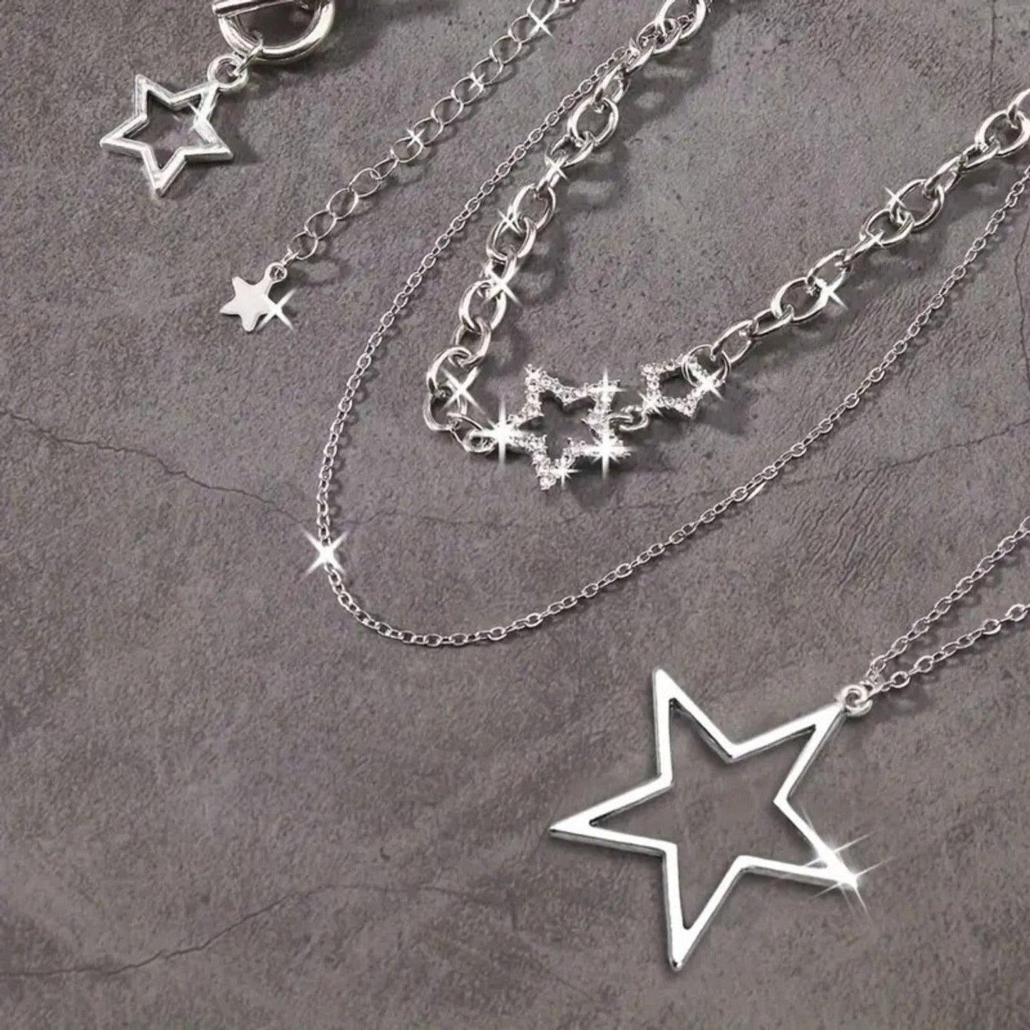 Layered Star Necklace Set – Silver Multi-Strand Chain Choker with Hollow Star