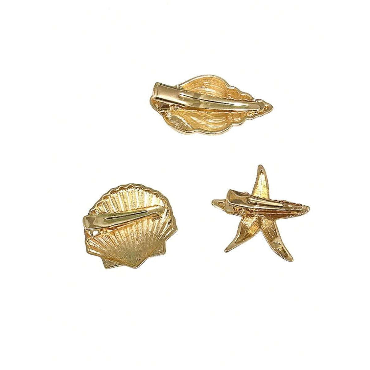 3x Gold Mermaid Beach Seashell Metal Hair Barrettes Clips Set Starfish Shell