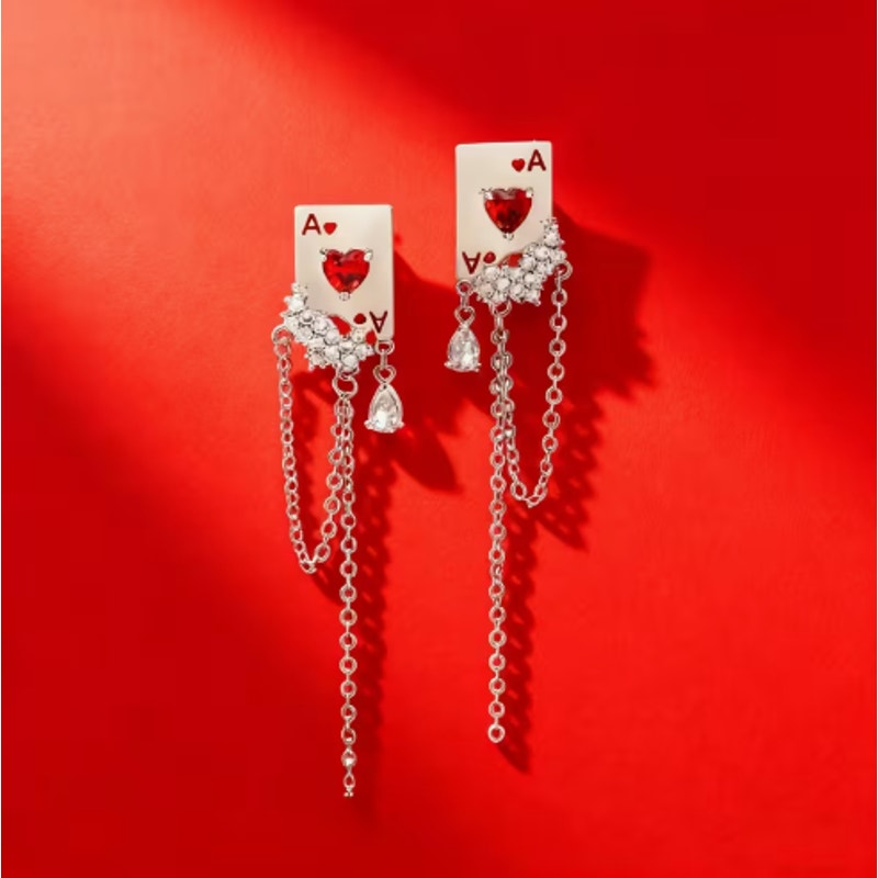 Ace of Hearts Earrings Red Crystal Chain Dangle Playing Card Jewelry Statement