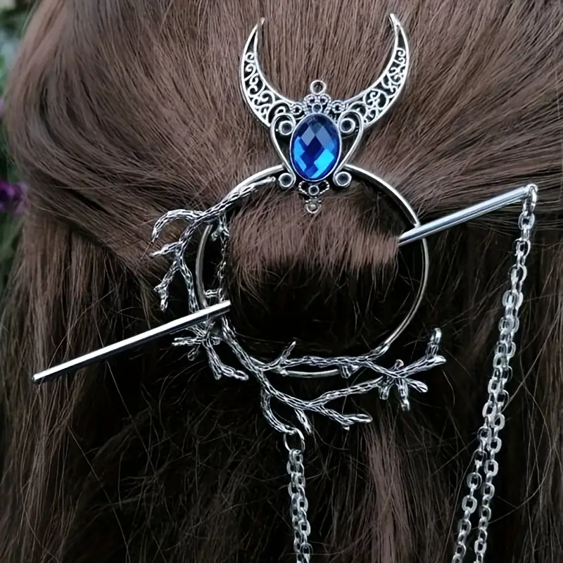 Wicked Silk Gothic Forest Silver Crescent Moon Hairbun Hairpin