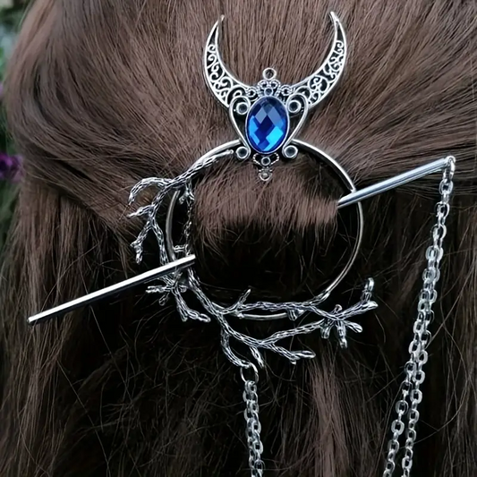 Wicked Silk Gothic Forest Silver Crescent Moon Hairbun Hairpin