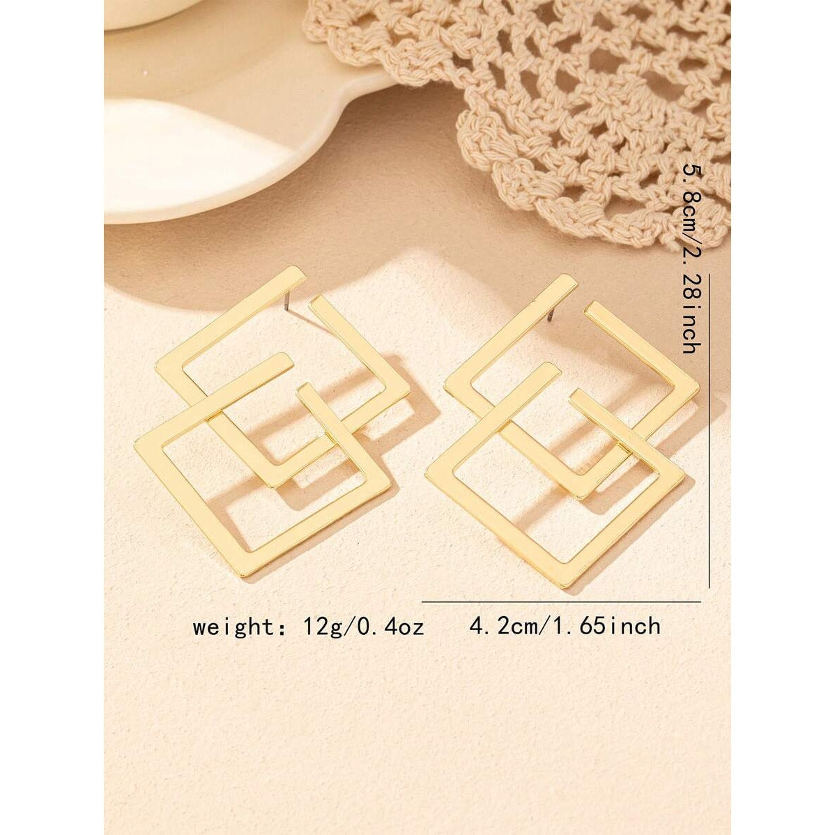 Modern Gold Geometric Double Square Statement Earrings – Metal Drop Earrings
