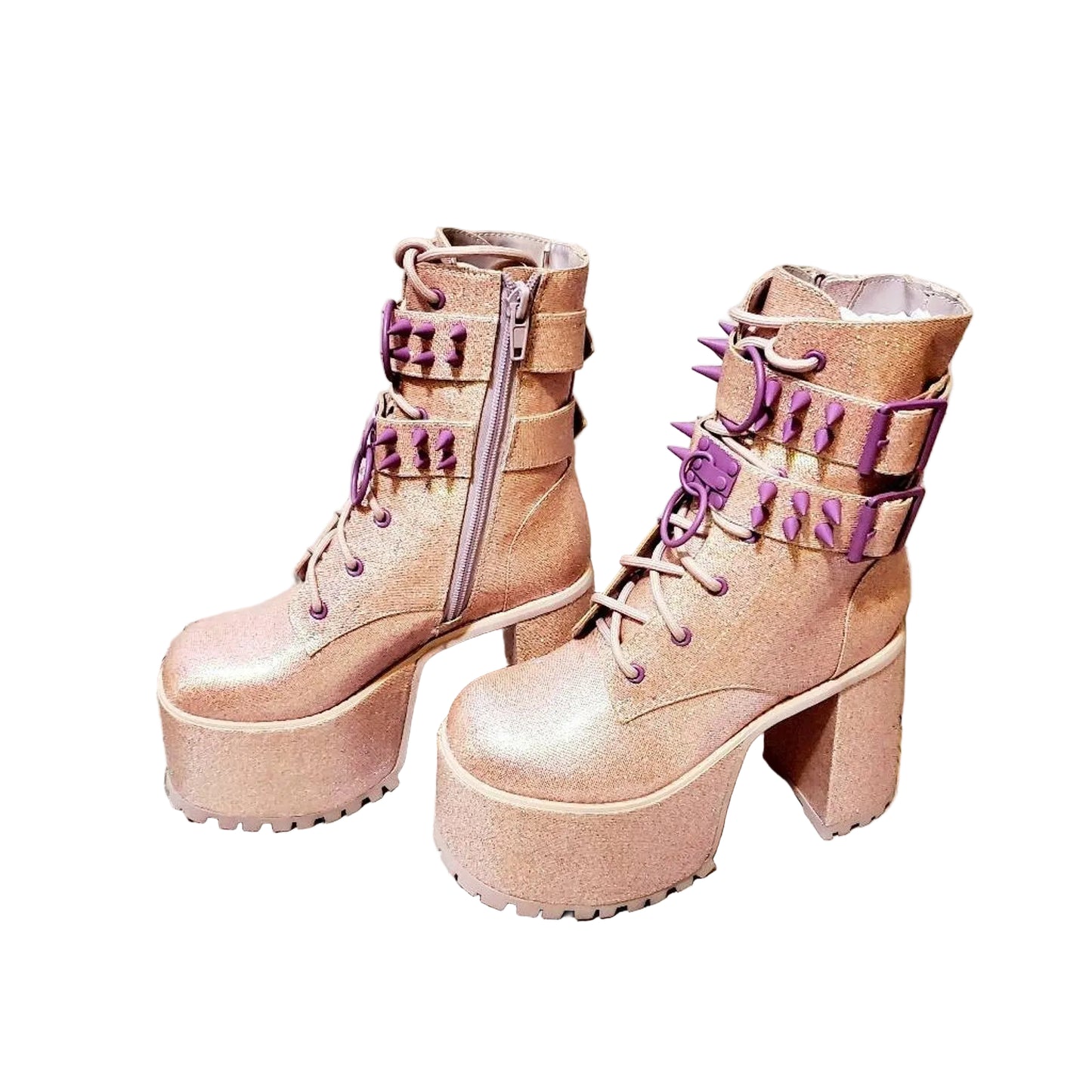 Sugar Thrillz Emo, Rave, Pink Glitter, Lavender Spiked Platform Boots