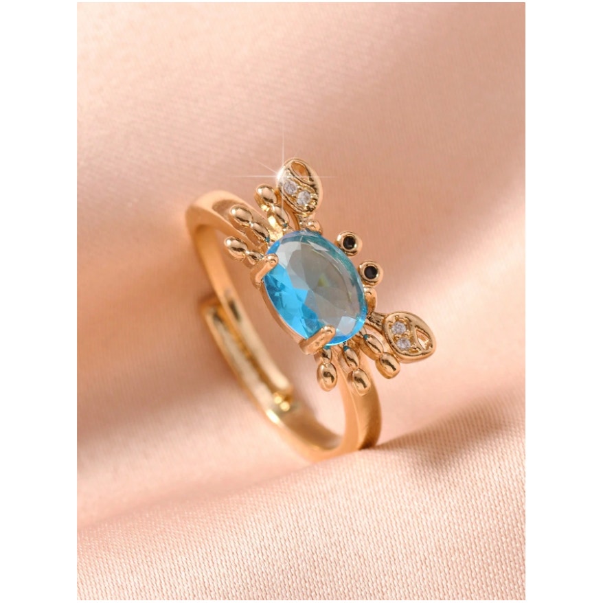 Gold Crab Ring with Blue Oval Gemstone–Adjustable Animal Design Crystal Accents