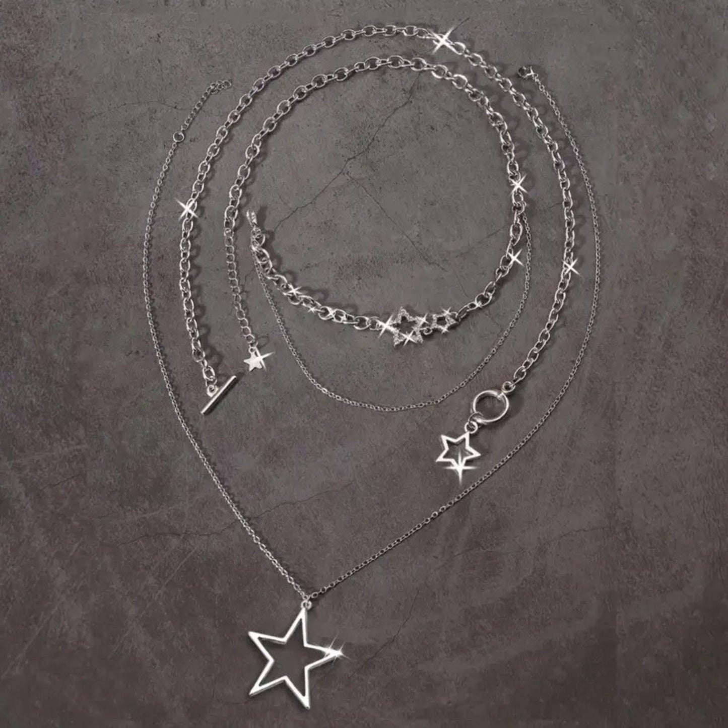 Layered Star Necklace Set – Silver Multi-Strand Chain Choker with Hollow Star