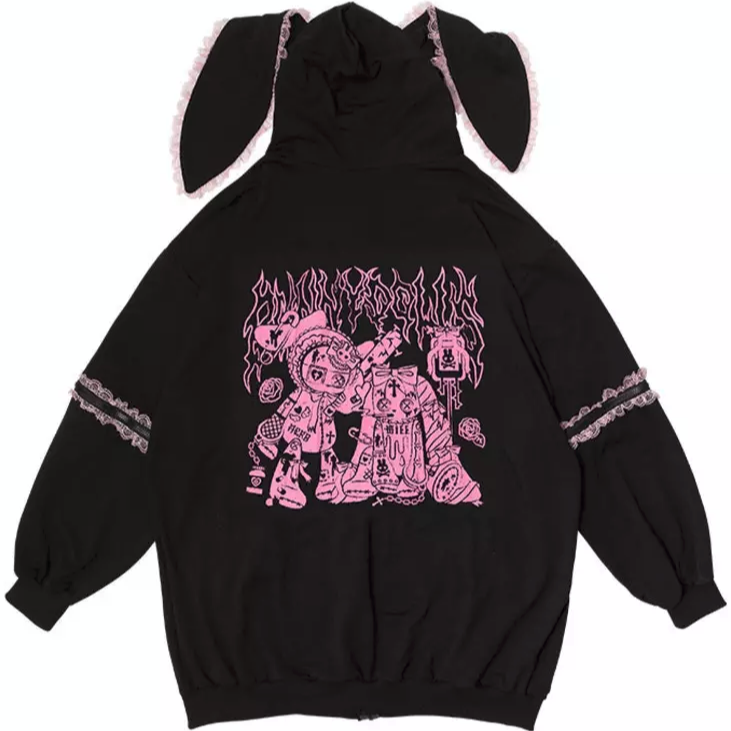 Japanese punk loli Harajuku style black & pink bunny hoodie