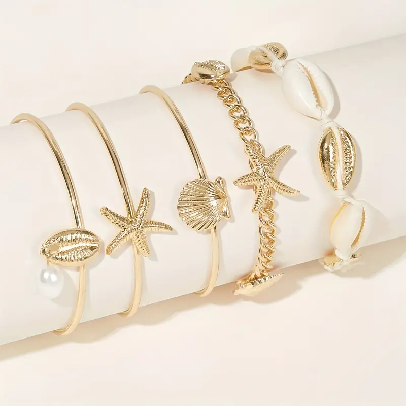 5x Boho Beach Starfish, Shell, Cowrie, & Pearl Charm Bangles Bracelet Set