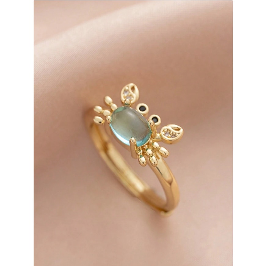 Gold Crab Ring with Blue Oval Gemstone–Adjustable Animal Design Crystal Accents