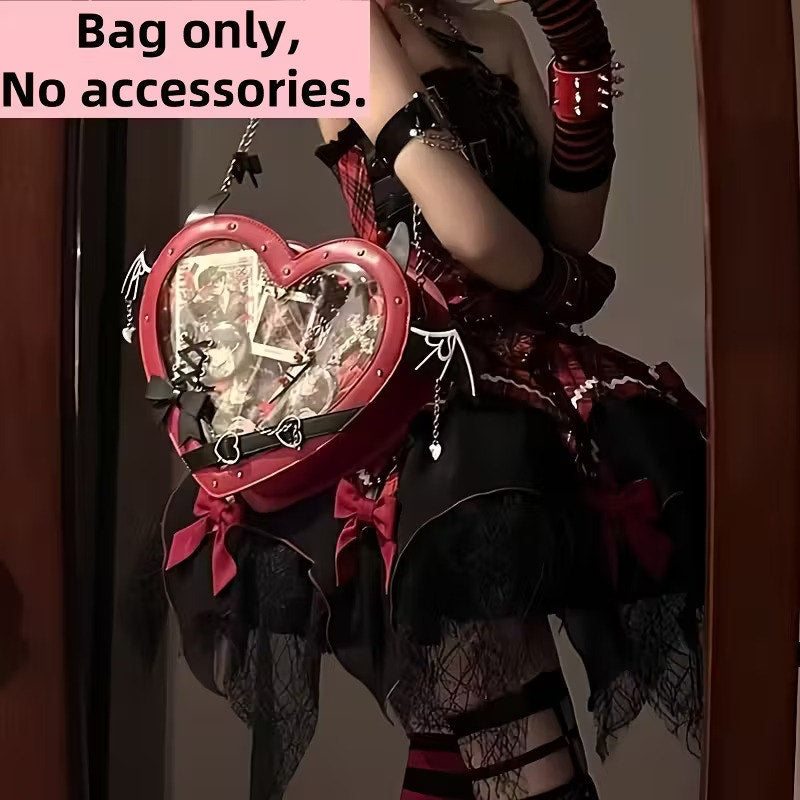 Gothic Heart Ita Bag with Bat Wings PU Leather Crossbody Purse