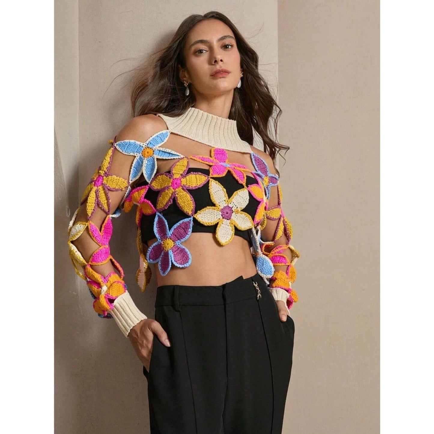 Boho Chic Design Crochet Floral Cutout Sweater – Knit Top with High Neck, L