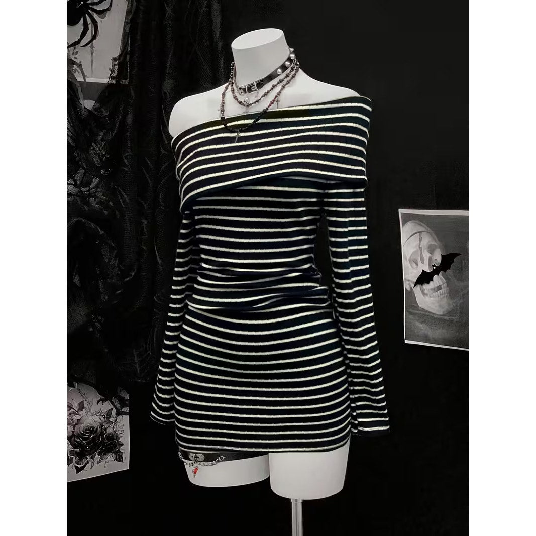 Emo Egirl E-girl Y2k Asymmetrical Modern Bodycon Stripe Dress Black/White
