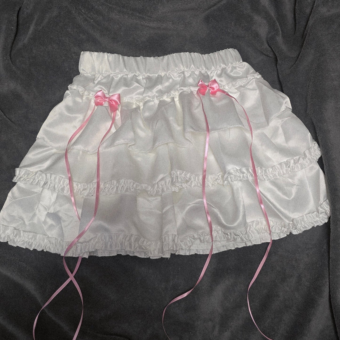 Korean K-pop Y2K White Satin Petticoat Style Layered Skirt w/ Pink Bows