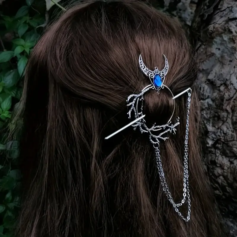 Wicked Silk Gothic Forest Silver Crescent Moon Hairbun Hairpin