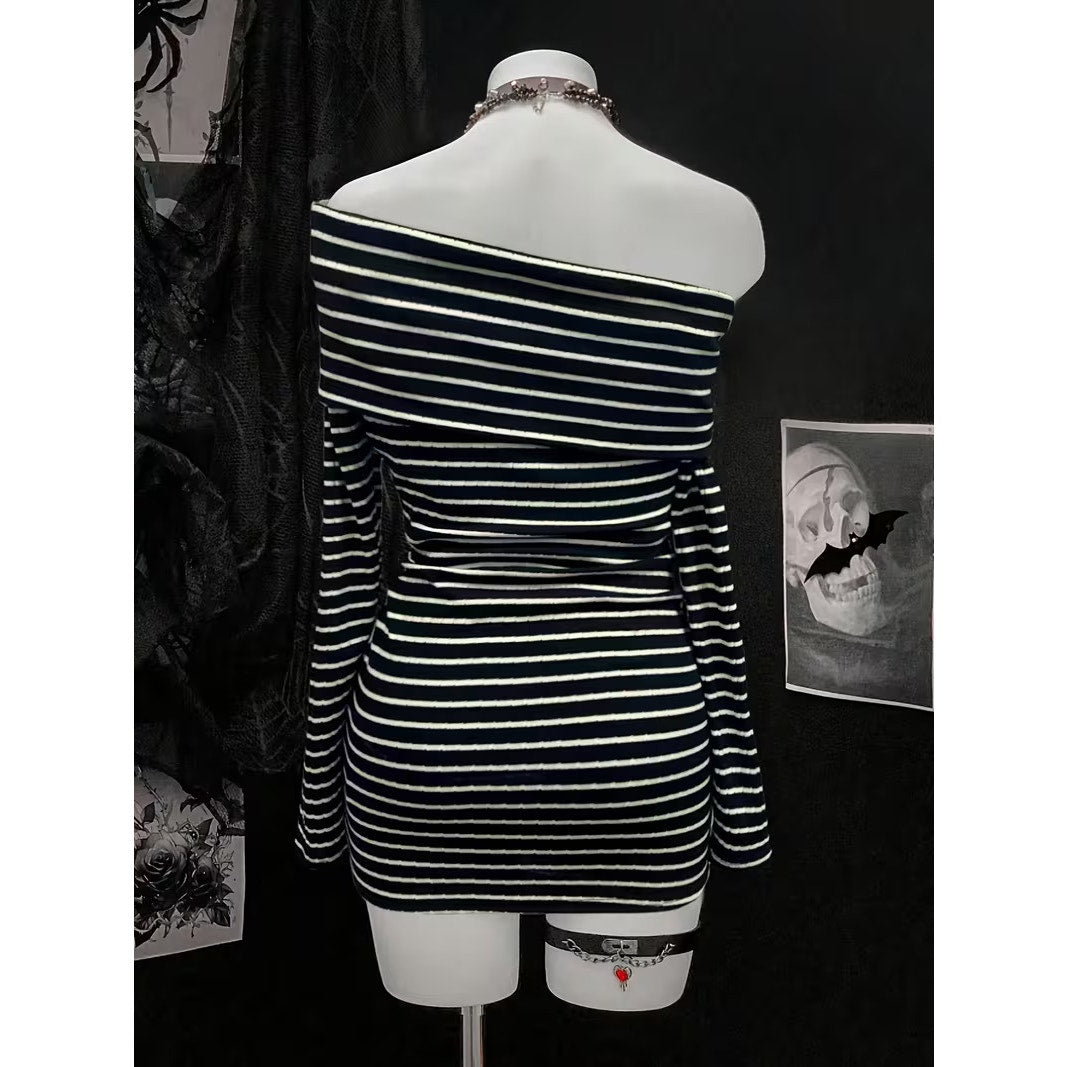 Emo Egirl E-girl Y2k Asymmetrical Modern Bodycon Stripe Dress Black/White