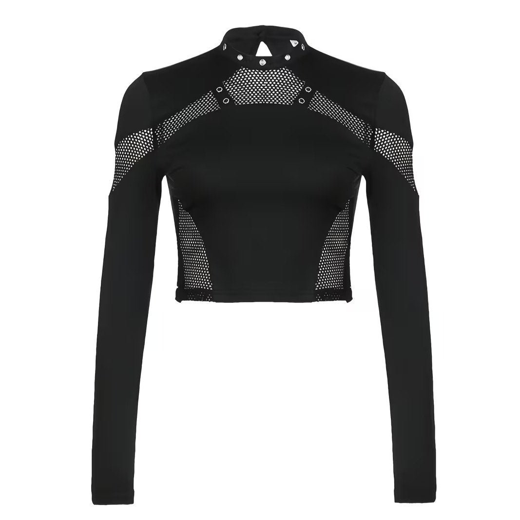 Gothic, Goth Emo Punk Rave Black Rivet Fishnet Mesh Long Sleeve Crop Top