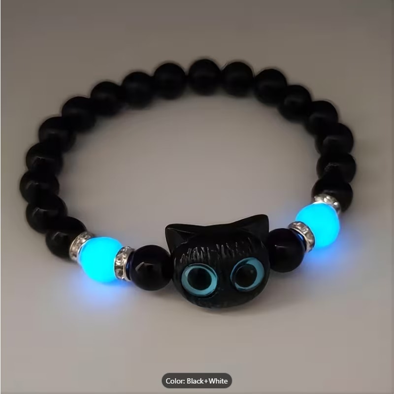 Glow-in-the-Dark Cat Couple Bracelets – Black & White Matching Beaded Set