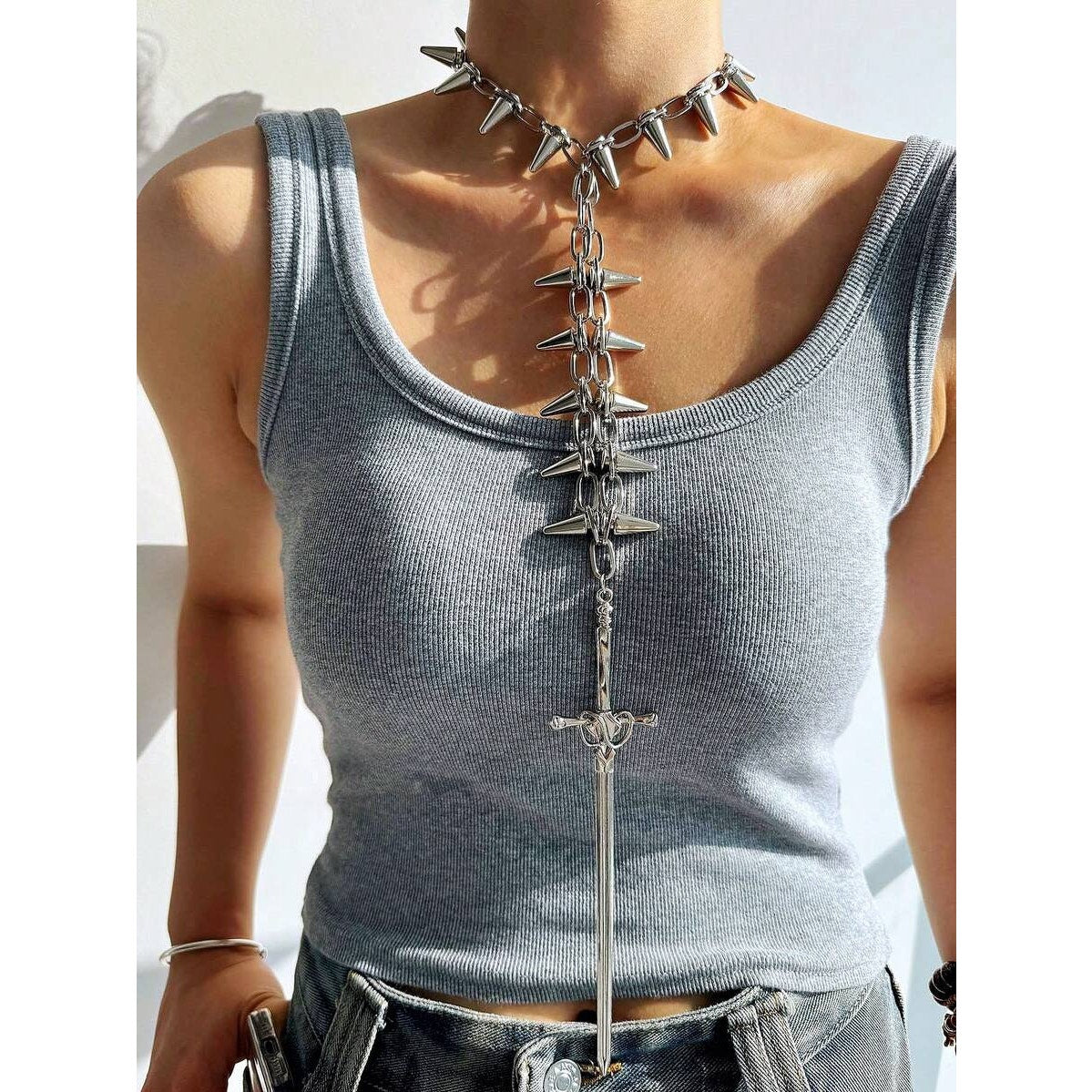 Punk Gothic Spike Choker Necklace with Sword | Adjustable Stainless Steel Chain