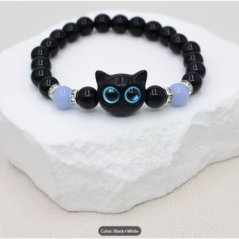 Glow-in-the-Dark Cat Couple Bracelets – Black & White Matching Beaded Set