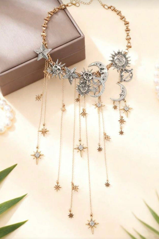 Mystic Celestial Sun Moon Star Gold/Silver Tone Large Statement Necklace
