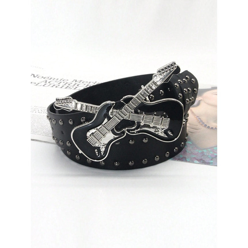 Black Guitar Buckle Studded Belt Punk Rock Gothic Y2K Streetwear Waist Belt