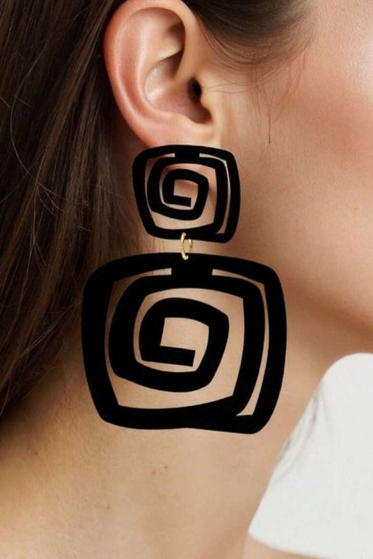 Black Geometric Spiral Drop Earring Bold Statement Square Dangle Fashion Jewelry