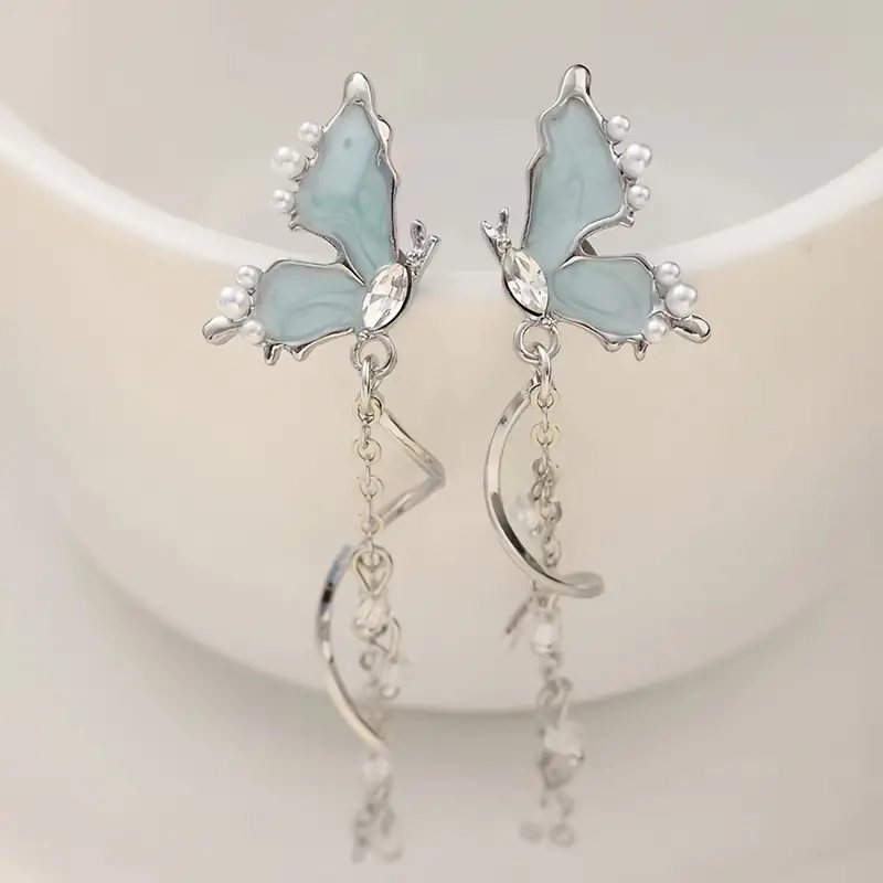 Blue Butterfly Jewel Luxurious Long Dangle Pearl Drop Earrings