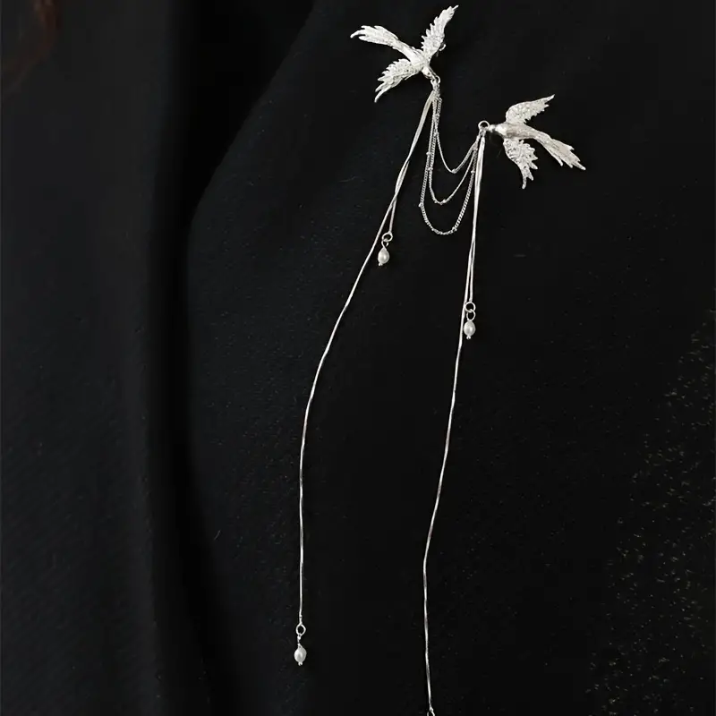 Elegant Chic Silver Flight Bird Pearl Tassel Brooch Pin