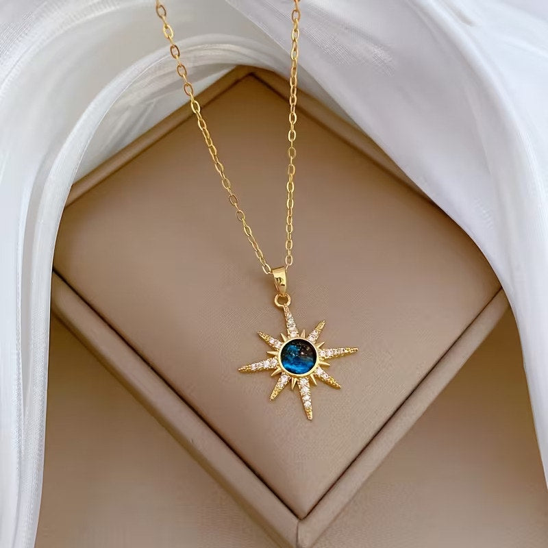 Celestial Gold & Blue Sky Stone Sunburst Star Charm Chain Pendant Necklace