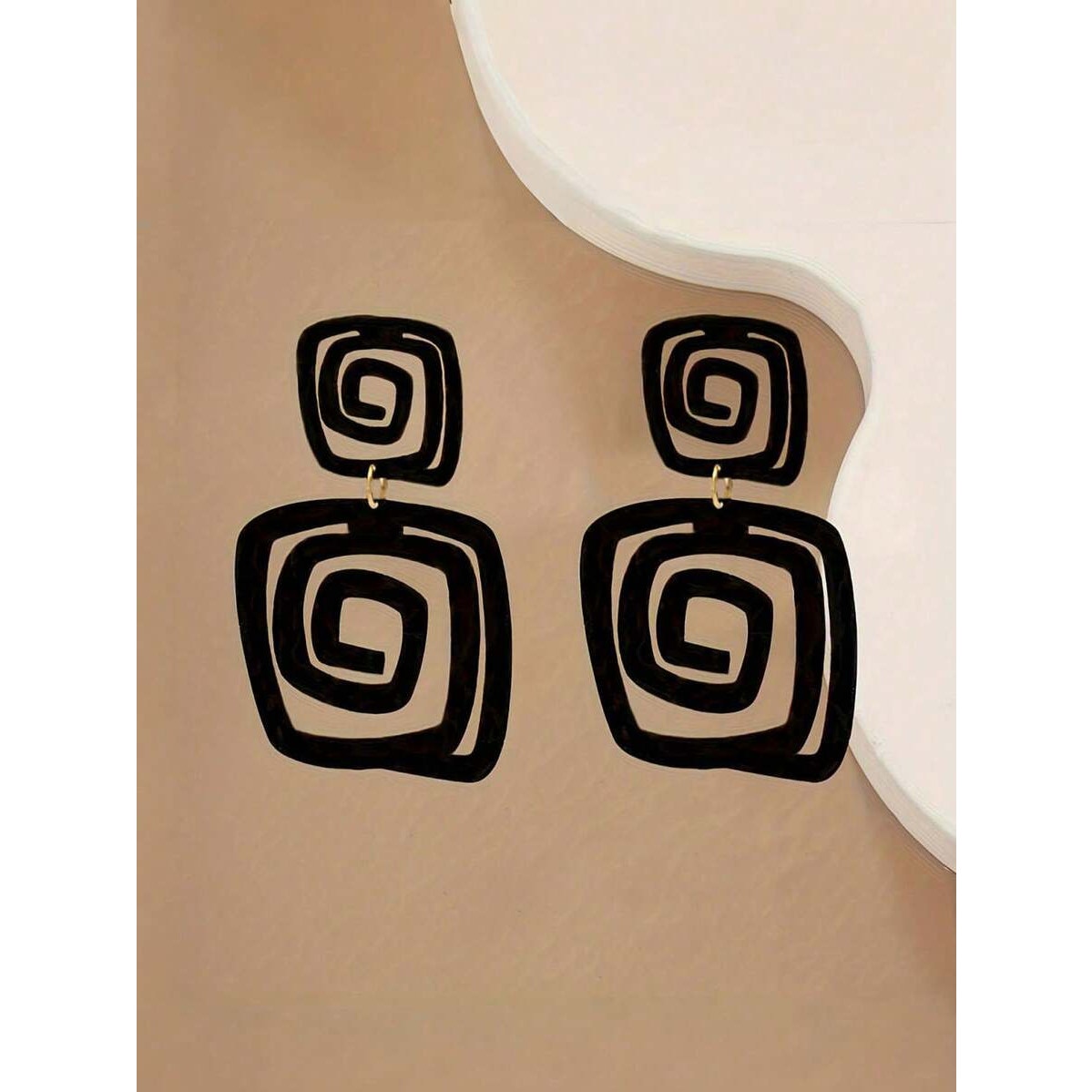 Black Geometric Spiral Drop Earring Bold Statement Square Dangle Fashion Jewelry