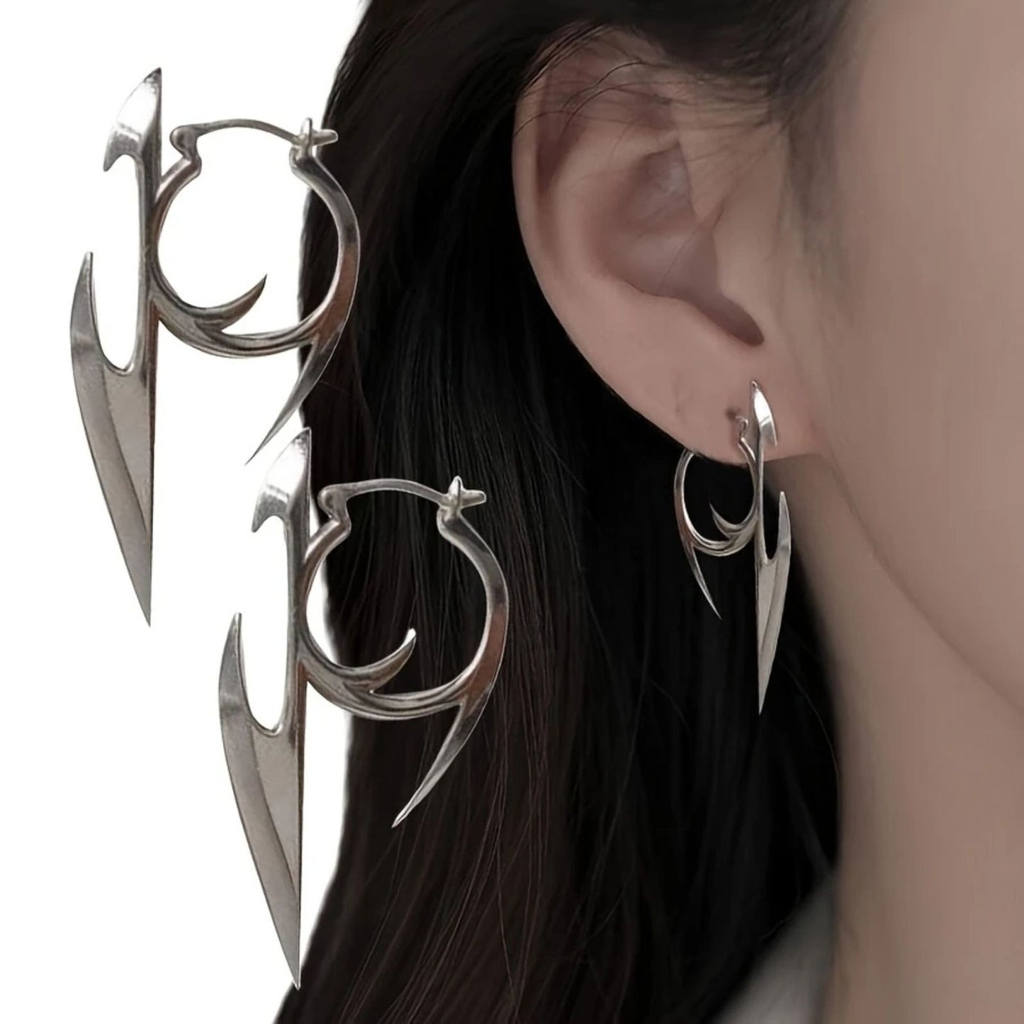 Futuristic Silver Abstract Dagger Hoop Earrings – Statement Blade Drop Earring