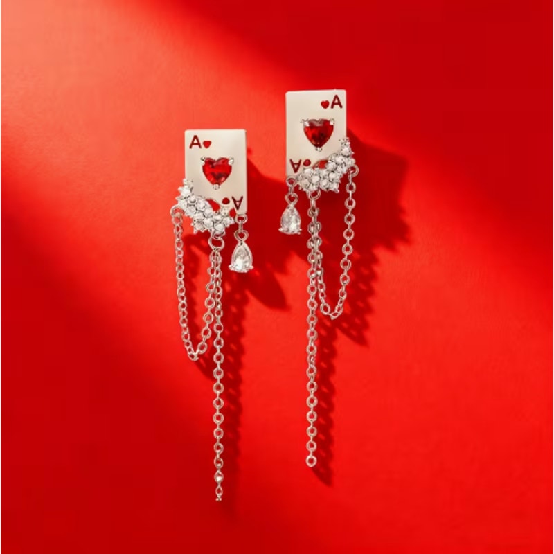 Ace of Hearts Earrings Red Crystal Chain Dangle Playing Card Jewelry Statement