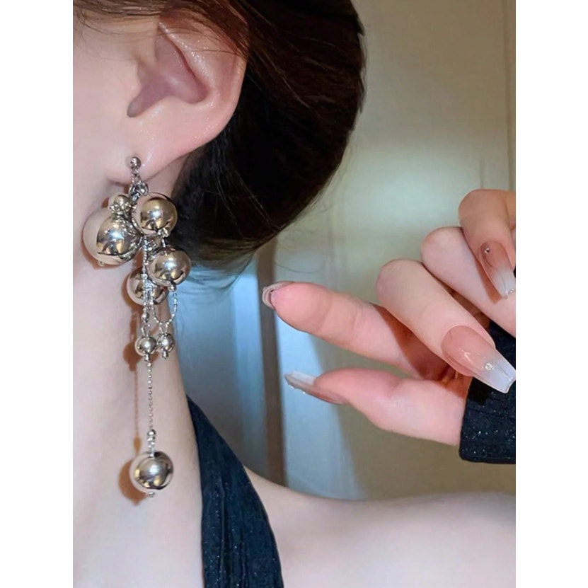 Silver Tone Statement Drop Earrings – Multi Ball Chain Dangle Earrings