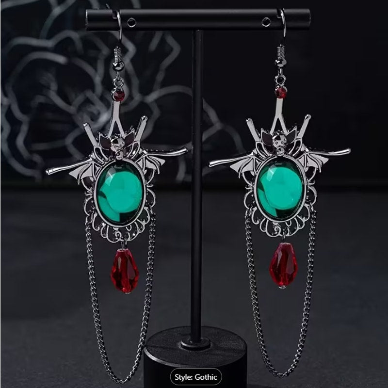Gothic Bat Dangle Earrings Green Gem Red Drop Chain Halloween Vampire Jewelry