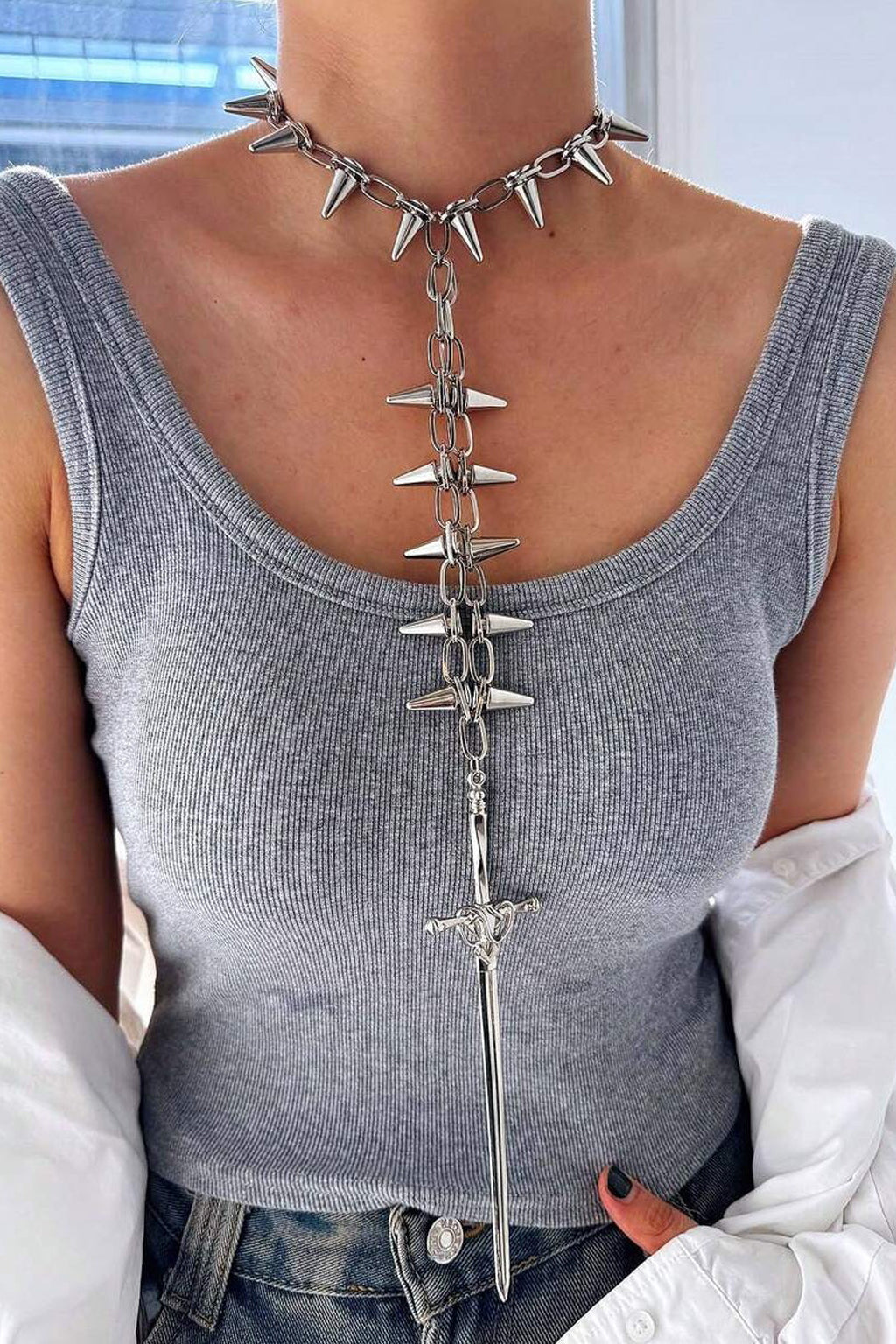 Punk Gothic Spike Choker Necklace with Sword | Adjustable Stainless Steel Chain
