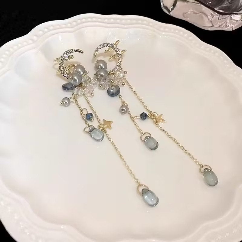 Elegant Celestial jeweled crescent moon Dangling No Pierce Ear Cuff Earrings