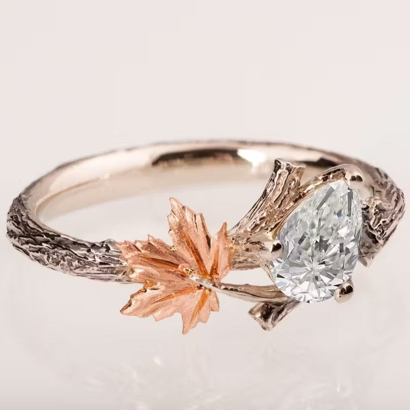 Twig Band w/ Rose Gold Maple Leaf, Rustic Forest Fashion Jewelry Ring 7