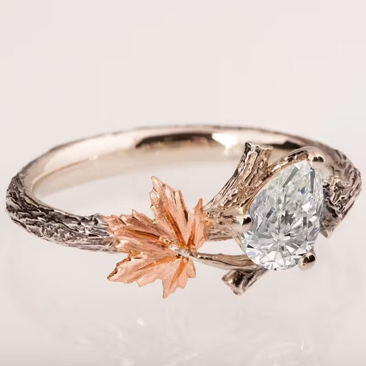 Twig Band w/ Rose Gold Maple Leaf, Rustic Forest Fashion Jewelry Ring 7
