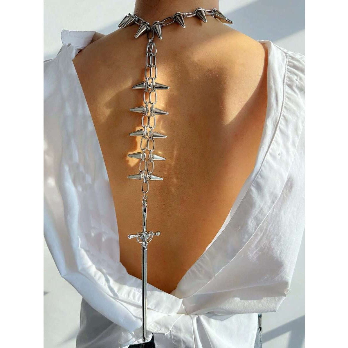 Punk Gothic Spike Choker Necklace with Sword | Adjustable Stainless Steel Chain