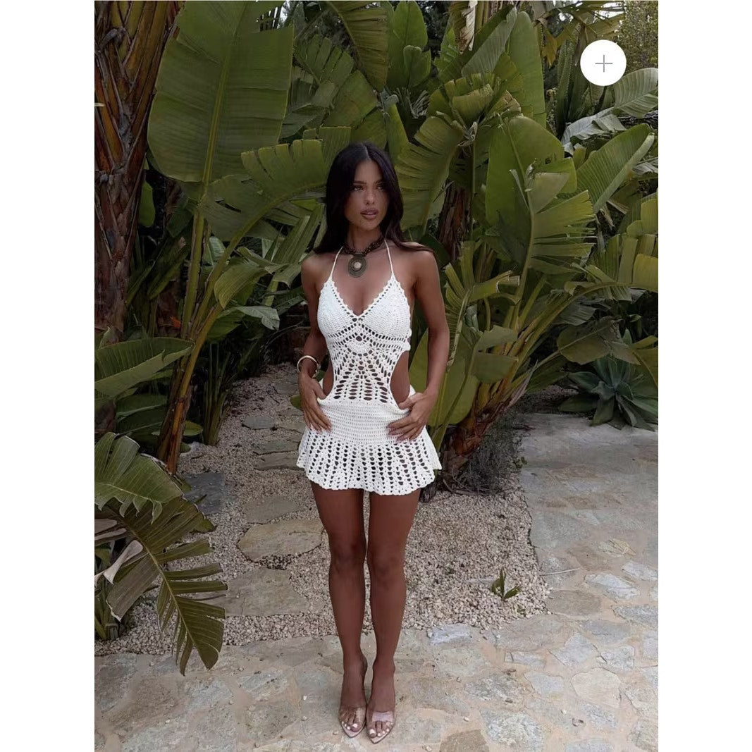 Sexy White Crochet Backless Halter Boho Beach Cover Up Mini Dress