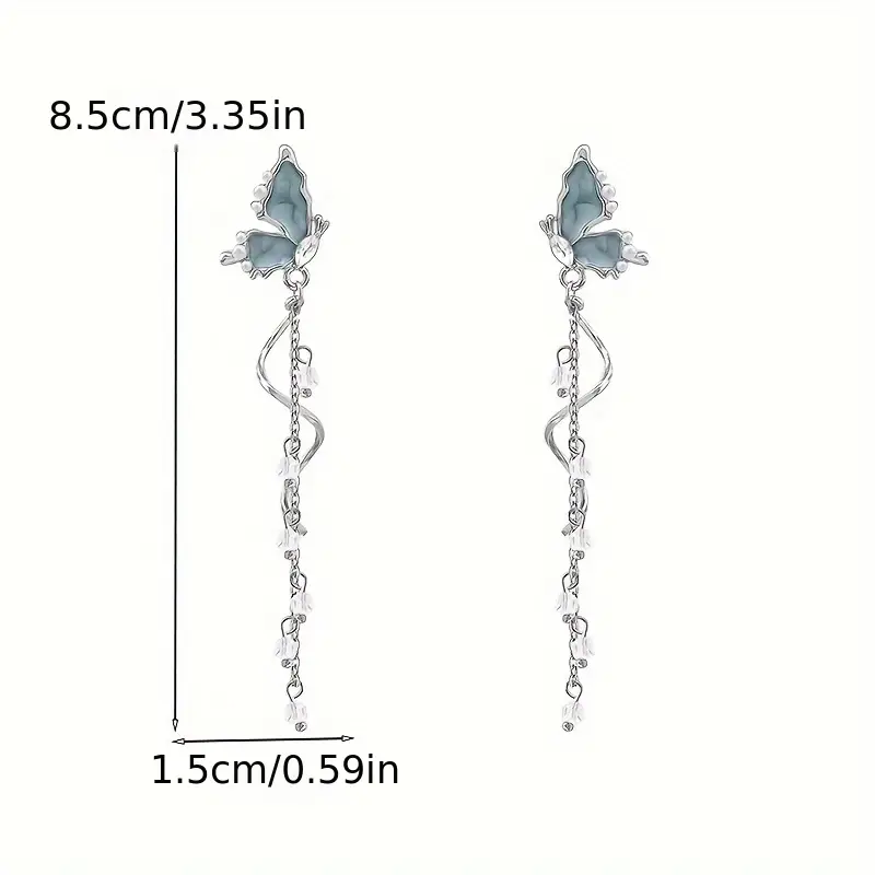 Blue Butterfly Jewel Luxurious Long Dangle Pearl Drop Earrings