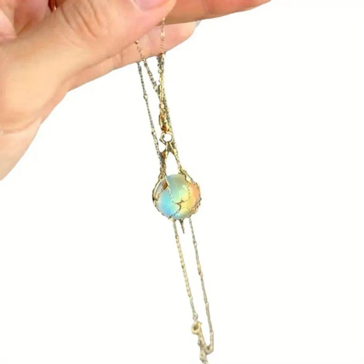 Galaxy Opal Orb Pendant Necklace – Gold Celestial Chain with Star Accents