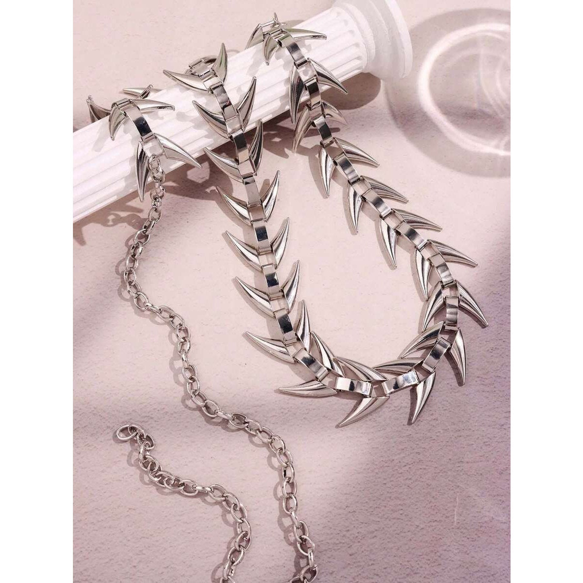 Punk Avant-garde Silver Skeleton Spine tail Bone Statement Choker Necklace /Belt